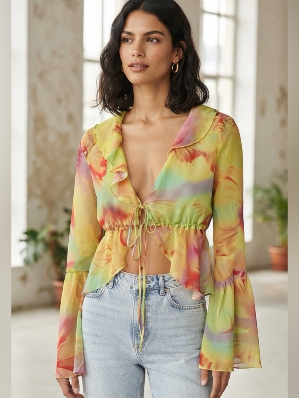 stradivarius Pastel Floral Ruffle Tie-Waist Blouse